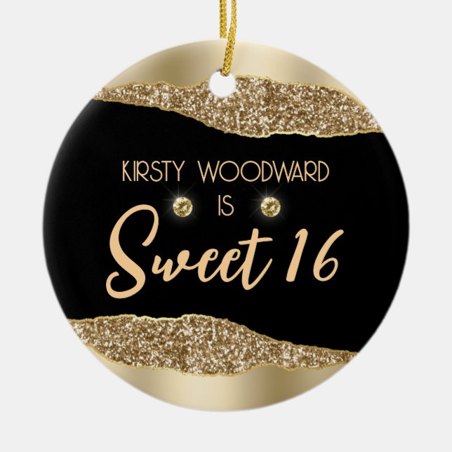 Gold Glitter Glam Edge & Diamonds Sweet 16 Ceramic Ornament (Front)