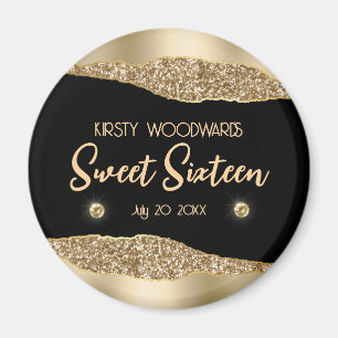 Gold Glitter Glam Edge & Diamonds Sweet 16 Magnet