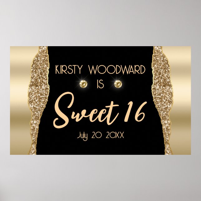 Gold Glitter Glam Edge & Diamonds Sweet 16 Poster (Front)