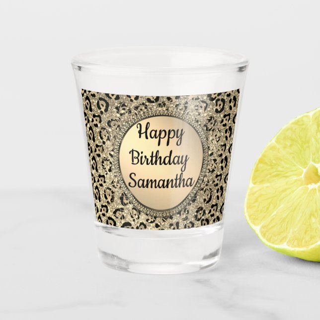 Gold Glitter Glam Leopard Print Personalised Shot Glass (Front)