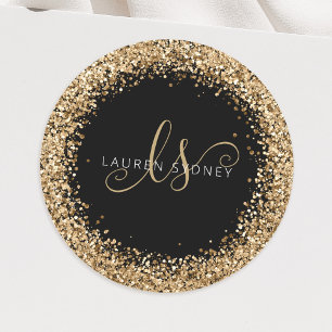 Gold Glitter Glam Monogram Name Classic Round Sticker