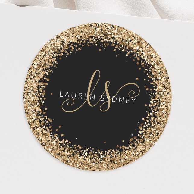 Gold Glitter Glam Monogram Name Classic Round Sticker (Creator Uploaded)