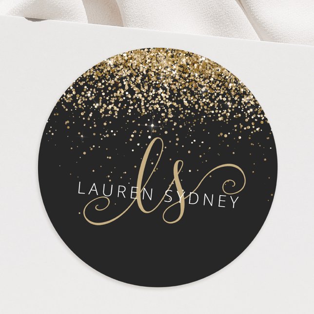 Gold Glitter Glam Monogram Name Classic Round Sticker (Creator Uploaded)