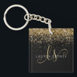 Gold Glitter Glam Monogram Name Key Ring<br><div class="desc">Glam Gold Glitter Elegant Monogram Name Keychain 
Easily personalise this trendy chic keychain design featuring elegant gold sparkling glitter on a black background. The design features your handwritten script monogram with pretty swirls and name.</div>