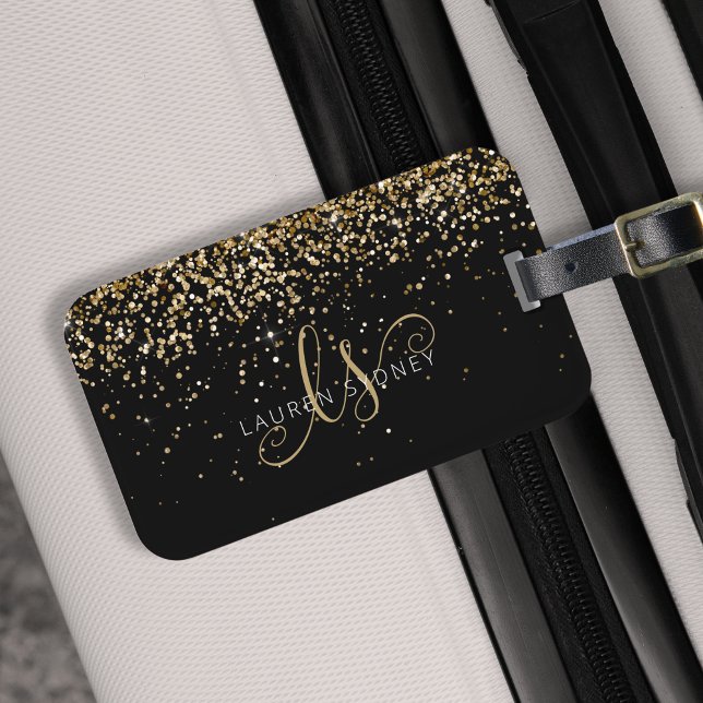 Gold Glitter Glam Monogram Name Luggage Tag (Creator Uploaded)