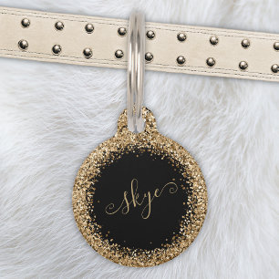Gold Glitter Glam Monogram Name Pet Tag