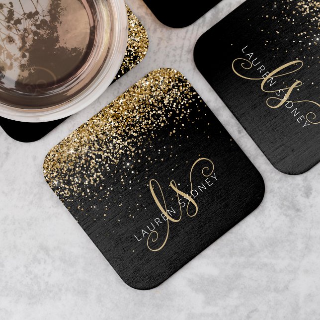 Gold Glitter Glam Monogram Name Square Paper Coaster (Creator Uploaded)