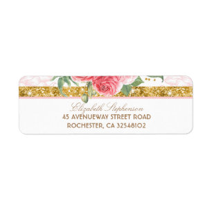 Gold Glitter Glamour Vintage Floral Pink Wedding Return Address Label