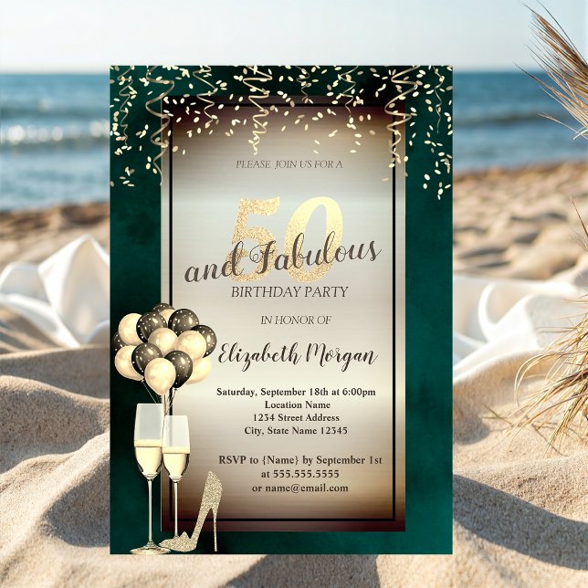 Gold Glitter Glass,Balloons Green 50th Birthday  Invitation (Creator Uploaded)