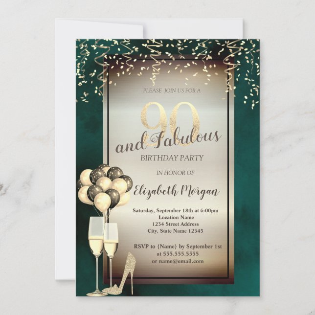 Gold Glitter Glass,Balloons Green 90th Birthday  Invitation (Front)