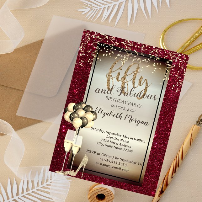Gold Glitter Glass,Balloons Red 50th Birthday  Invitation (Creator Uploaded)