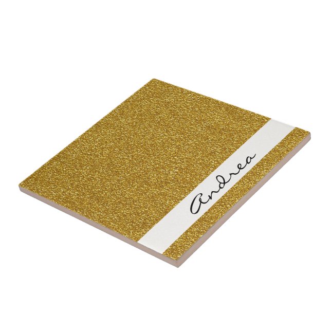 Gold Glitter, Glitter Background, Your Name Ceramic Tile (Side)