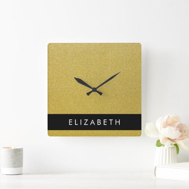 Gold Glitter, Glitter Background, Your Name Square Wall Clock (Home)