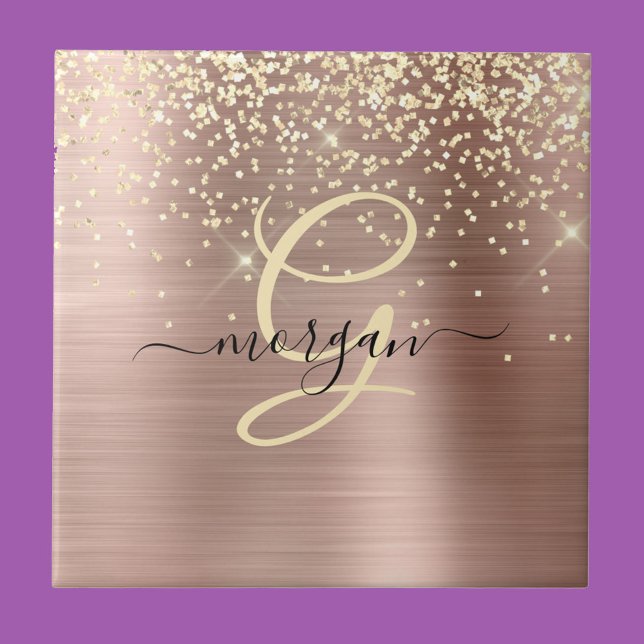 Gold Glitter, Gold Monogram, Black Script Name Ceramic Tile (Creator Uploaded)