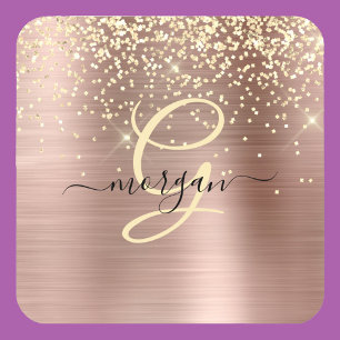 Gold Glitter, Gold Monogram, Black Script Name Coaster