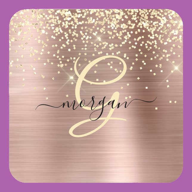 Gold Glitter, Gold Monogram, Black Script Name Coaster (Creator Uploaded)