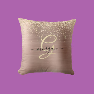 Gold Glitter, Gold Monogram, Black Script Name Cushion