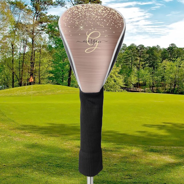 Gold Glitter, Gold Monogram, Black Script Name Golf Head Cover (Creator Uploaded)