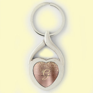 Gold Glitter, Gold Monogram, Black Script Name Key Ring