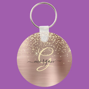 Gold Glitter, Gold Monogram, Black Script Name Key Ring