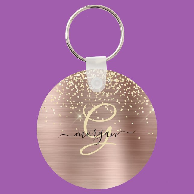 Gold Glitter, Gold Monogram, Black Script Name Key Ring (Creator Uploaded)