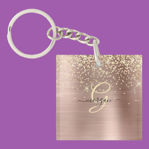 Gold Glitter, Gold Monogram, Black Script Name Key Ring
