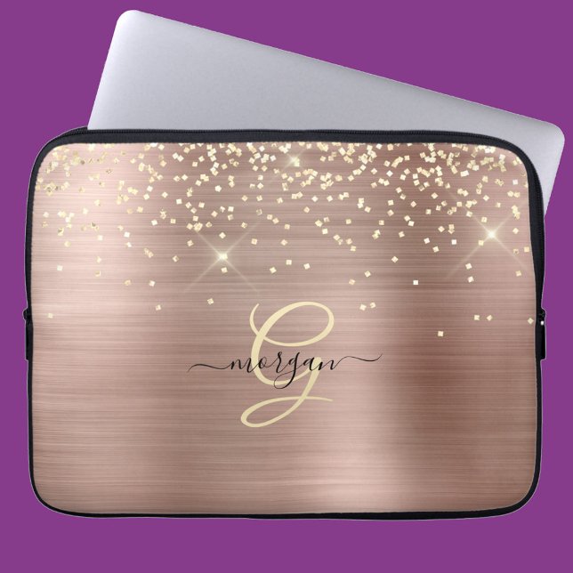 Gold Glitter, Gold Monogram, Black Script Name Laptop Sleeve (Creator Uploaded)