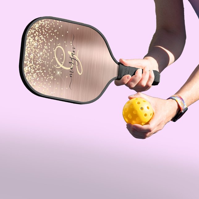 Gold Glitter, Gold Monogram, Black Script Name Pickleball Paddle (Creator Uploaded)