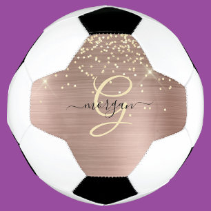 Gold Glitter, Gold Monogram, Black Script Name Soccer Ball