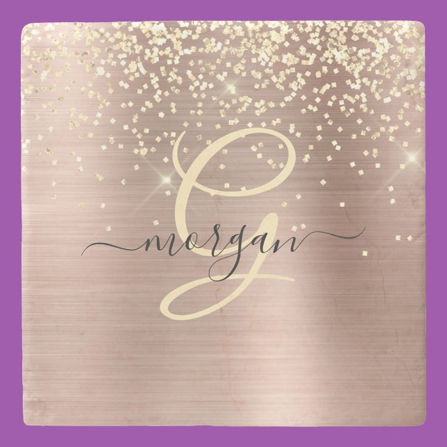 Gold Glitter, Gold Monogram, Black Script Name Stone Coaster (Creator Uploaded)