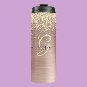 Gold Glitter, Gold Monogram, Black Script Name Thermal Tumbler