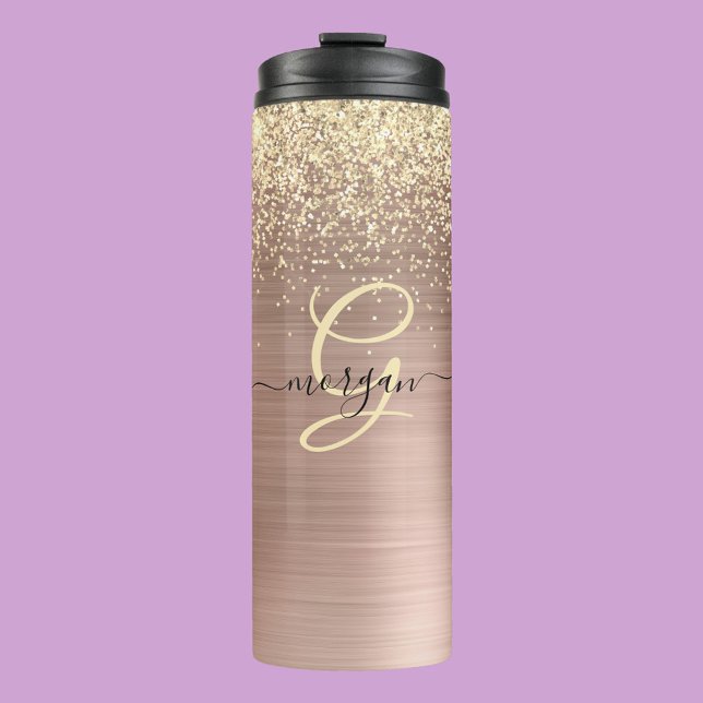 Gold Glitter, Gold Monogram, Black Script Name Thermal Tumbler (Creator Uploaded)