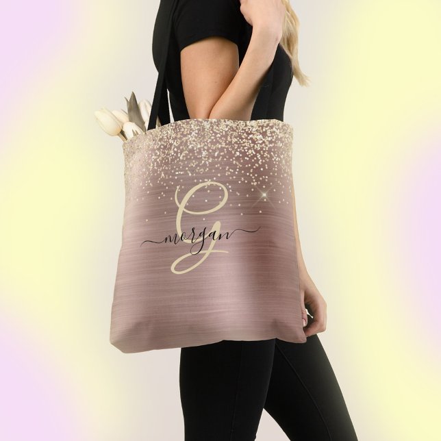 Gold Glitter, Gold Monogram, Black Script Name Tote Bag (Creator Uploaded)