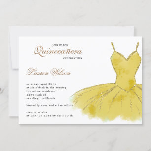 Gold Glitter Gown Quinceanera Invitation
