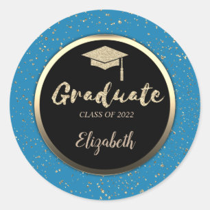 Gold Glitter Grad Cap,Confetti Blue Classic Round Sticker