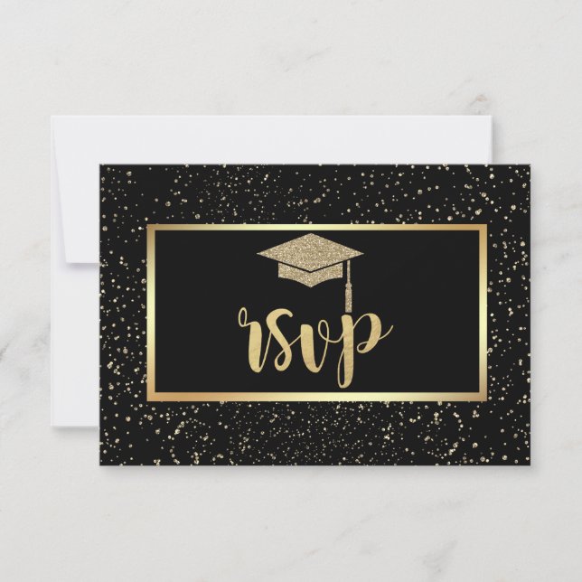 Gold Glitter Grad Cap, Confetti  Graduation Party RSVP Card (Front)