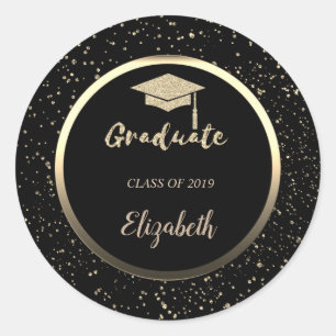 Gold Glitter Grad Cap,Confetti  - Personalised Classic Round Sticker