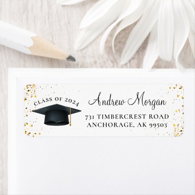 Gold Glitter Grad Cap Graduation Return Address Label (Insitu)