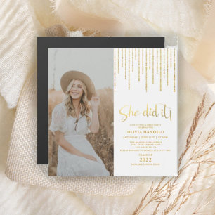 Gold Glitter Grad Party Photo Magnetic Invitation 