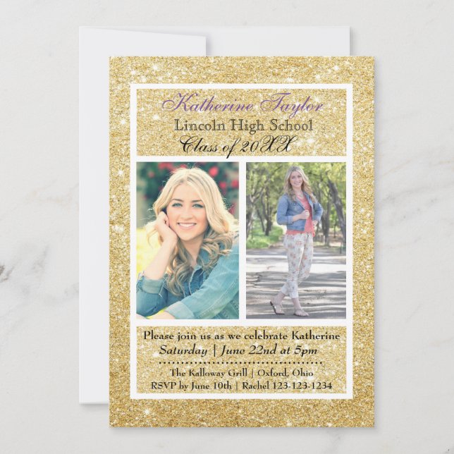 Gold Glitter Graduation Announcement 2 Photos (Front)
