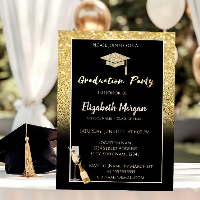 Gold Glitter Graduation Cap,Confetti,Wine,Glass Invitation (Creator Uploaded)