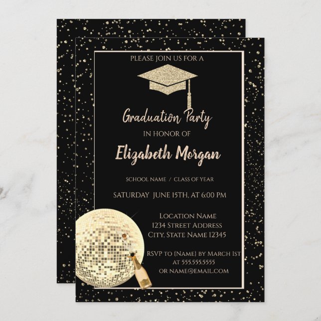 Gold  Glitter Graduation Cap,Disco Ball Confetti Invitation (Front/Back)