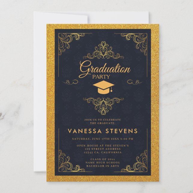 Gold Glitter Graduation Cap Party  Invitation (Front)