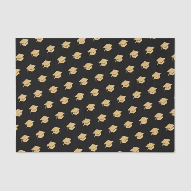 Gold Glitter Graduation Cap Pattern Black Tissue Paper (Front)