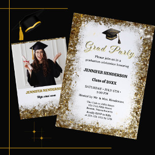 Gold Glitter Graduation Cap Photo Class of 2025 Invitation