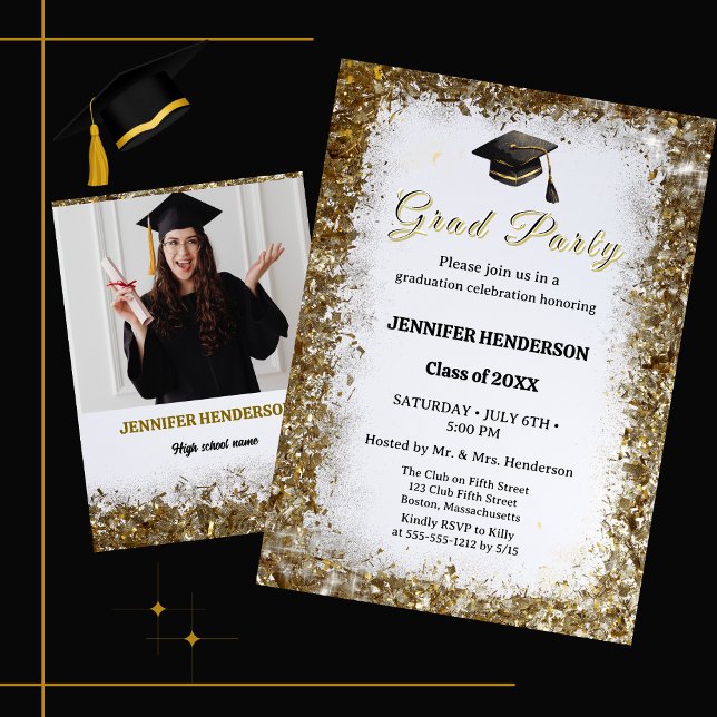  Gold Glitter Graduation Cap Photo Class of 2025 Invitation (Creator Uploaded)