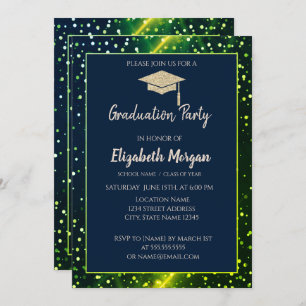 Gold Glitter Graduation Cap,Polka Dots,Green Invitation