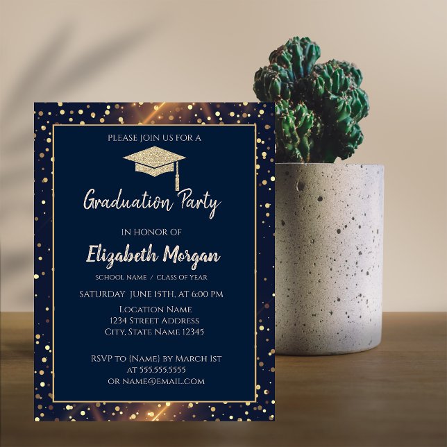 Gold Glitter Graduation Cap,Polka Dots,Navy Blue Invitation (Creator Uploaded)