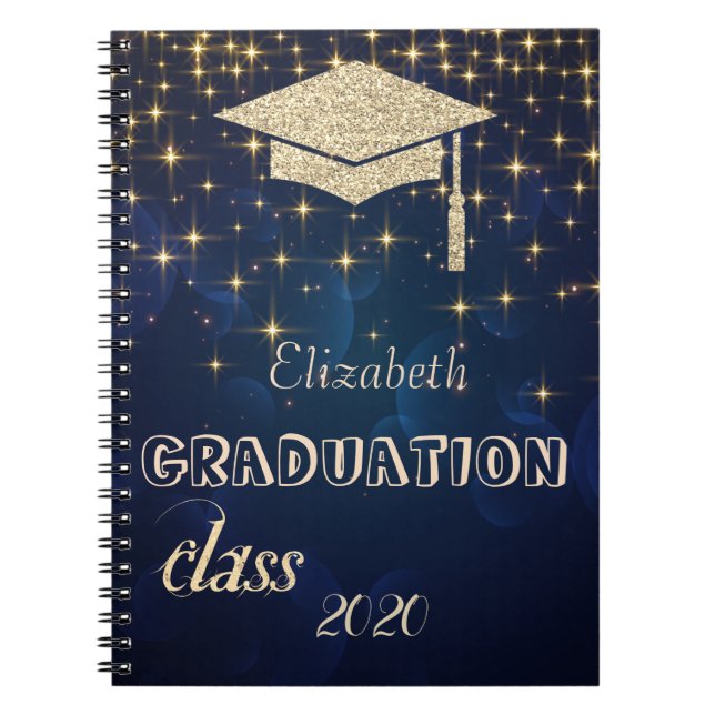 Gold Glitter Graduation Cap, Stars Class 2020 Notebook (Front)