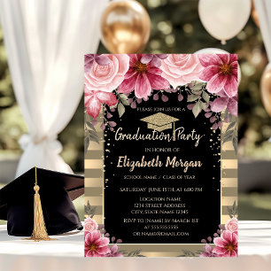 Gold Glitter Graduation Cap,Stripes Floral Invitation